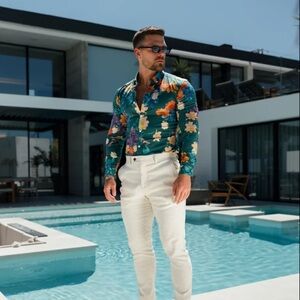 Father Sons Super Slim Stretch Green Vibrant Floral Button Down Collar Shirt, S